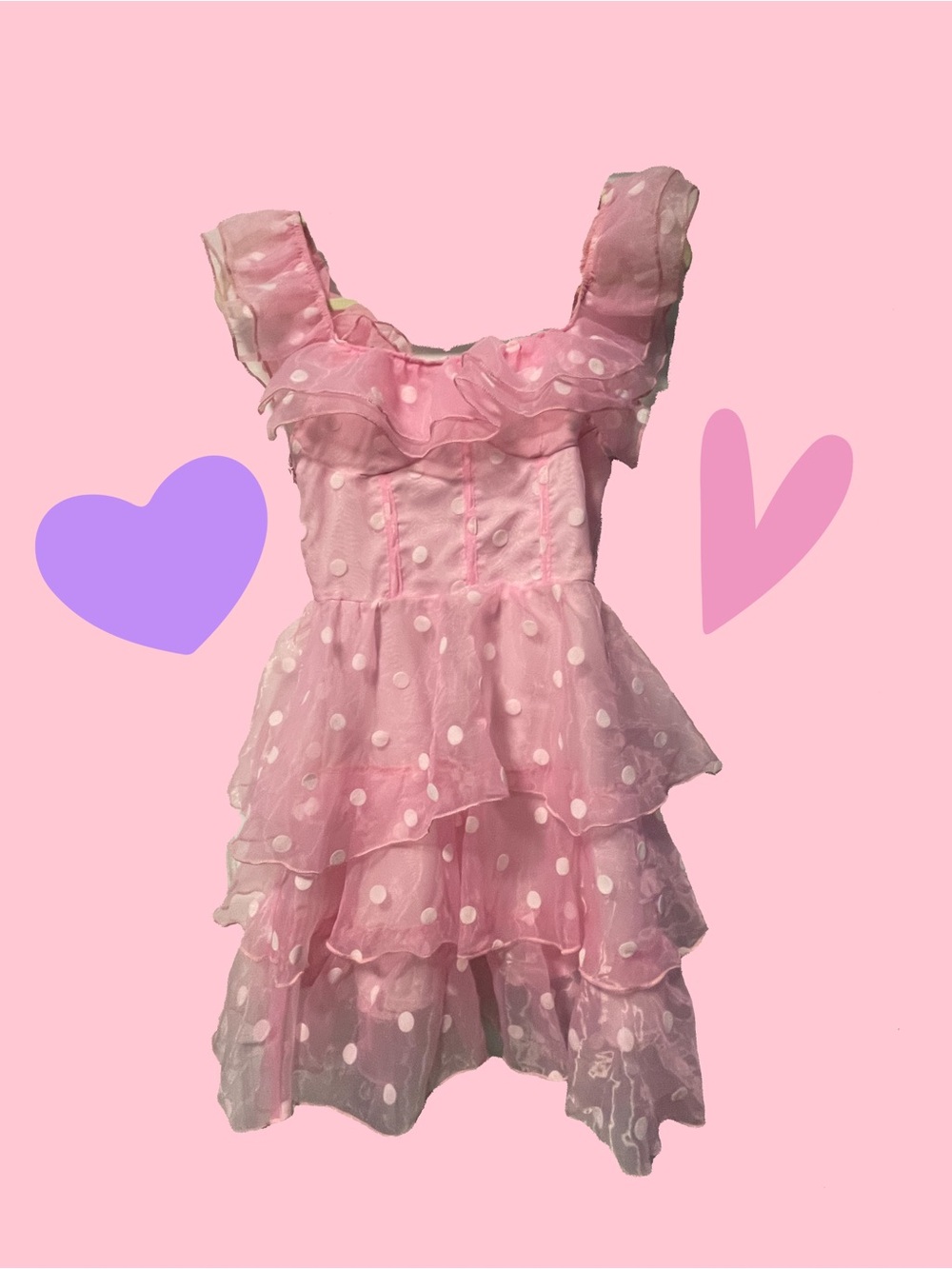 Pink Polka Dot Ruffle Tiered Organza Dress - Picture 1 of 2
